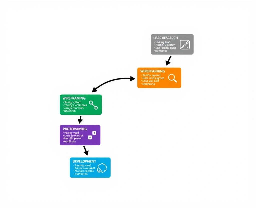 Design process workflow showing wireframes, mockups, and development stages