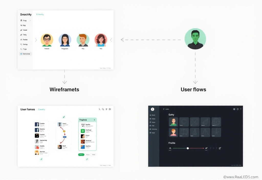 UI/UX design process showing user research, wireframes, and prototypes